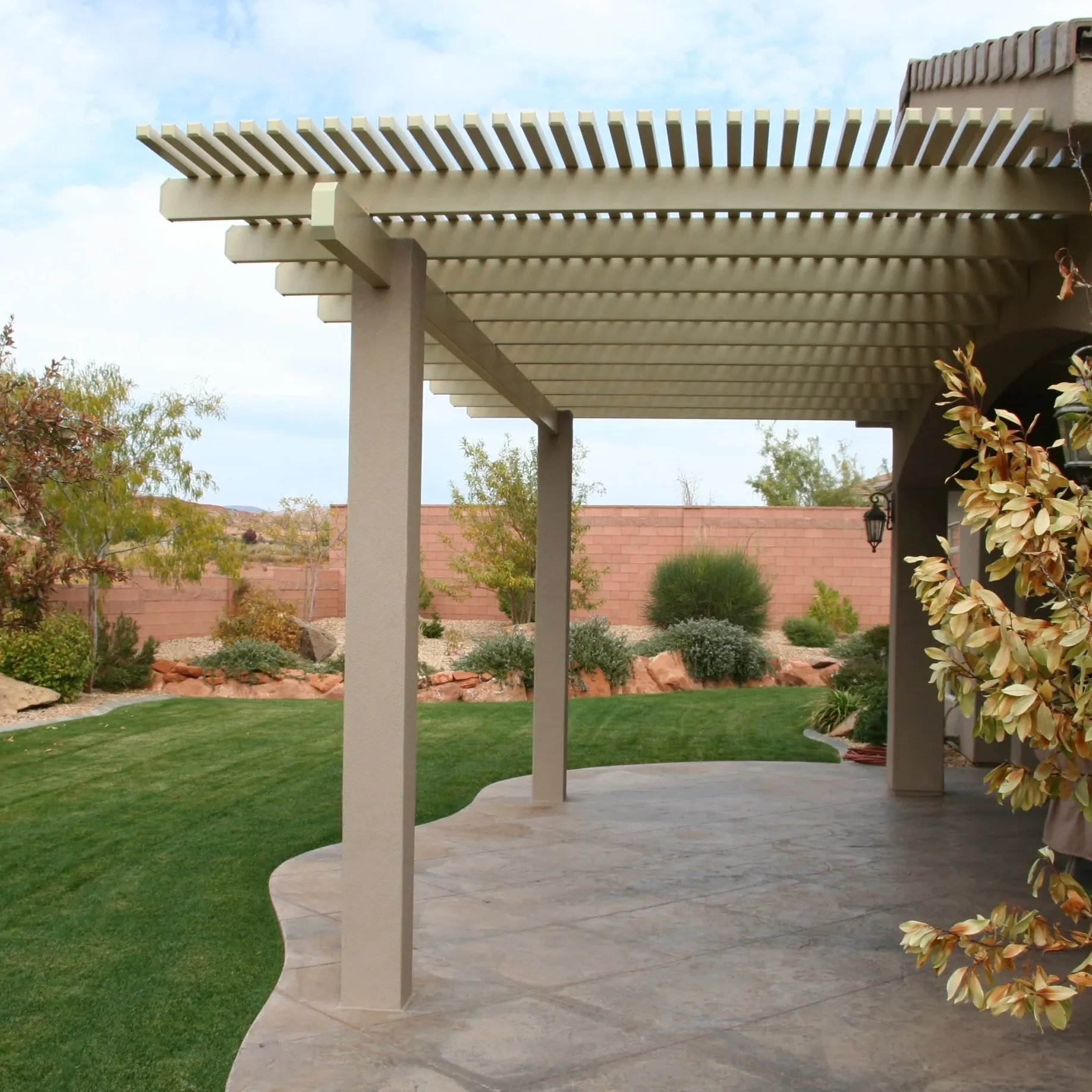 Custom lattice awning covering patio in St. George, UT