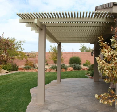 Custom lattice awning covering patio in St. George, UT
