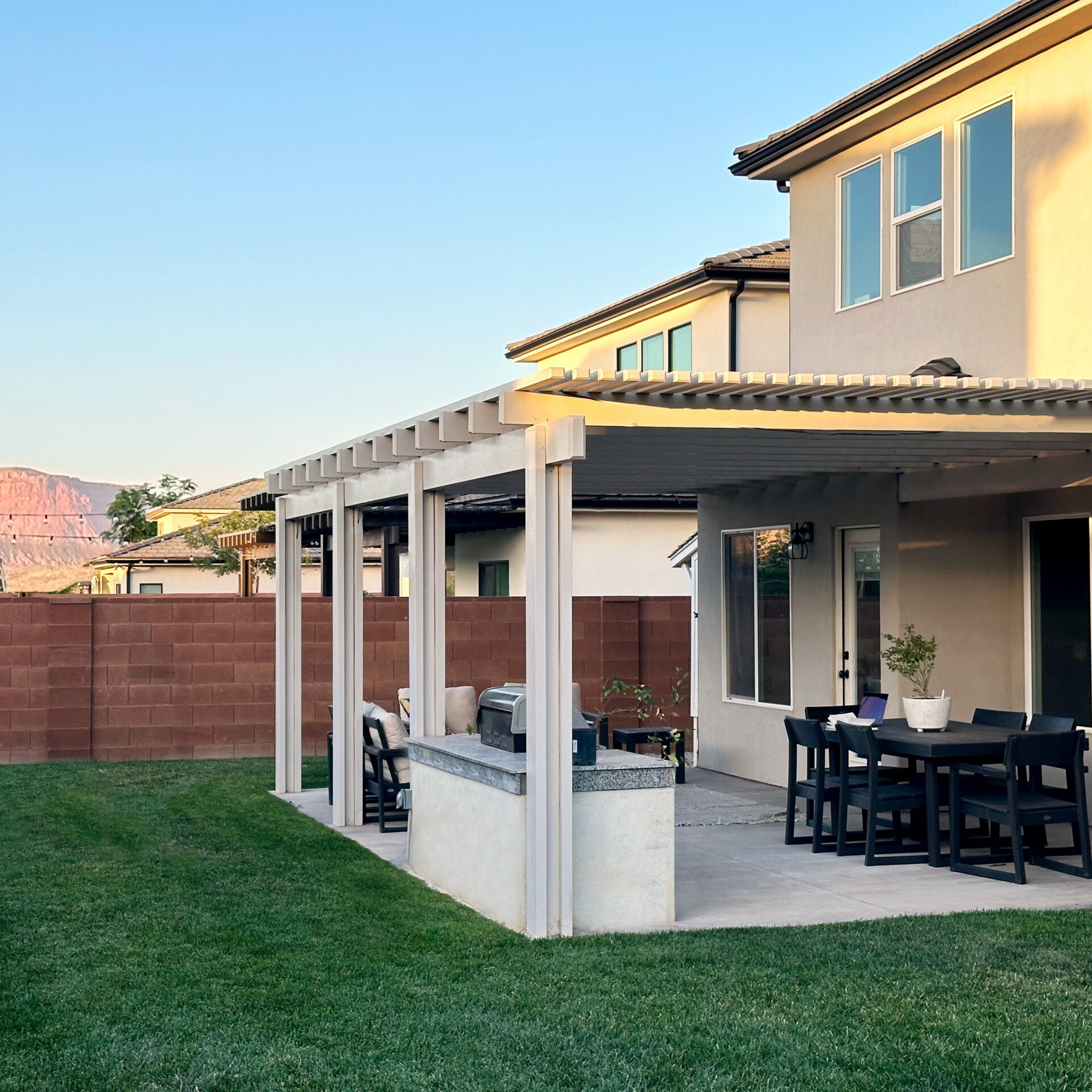 Custom lattice awning covering patio in St. George, UT