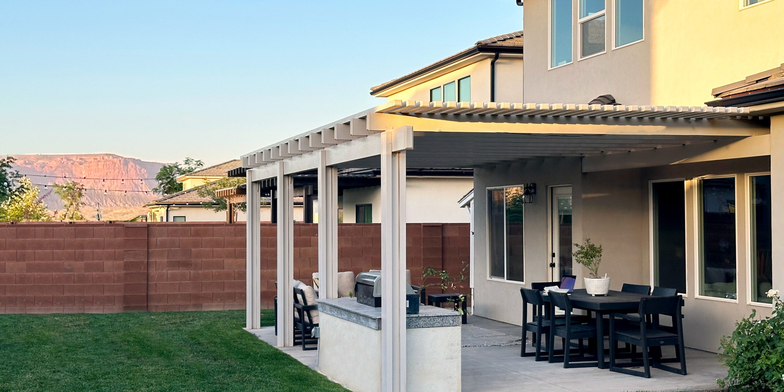 Custom lattice awning covering patio in St. George, UT