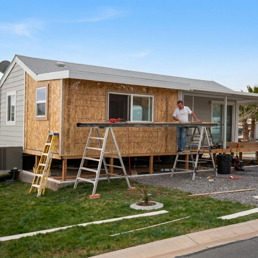 Constructing a room addition on a manufactured home.